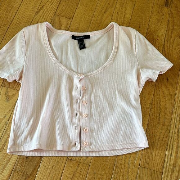 Forever‎ 21 Ribbed pale pink button up cropped Top Medium - Picture 2 of 6